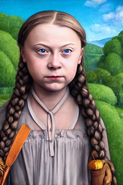 Image similar to greta thunberg as a cute Lucas Cranach the Elder Oil Painting, head and shoulders, epic, vivid colors, high details, cinematic, 8k resolution, beautiful detailed, photorealistic, digital painting, artstation, concept art, smooth, sharp focus, illustration, fantasy background, artstation trending, octane render, unreal engine