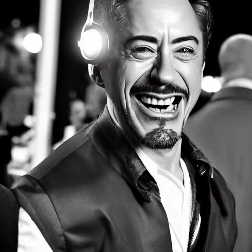 Image similar to B&W outtake of Robert Downey Junior laughing as iron man (2008) 35mm getty