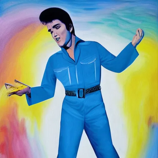 Prompt: elvis presley performing in a jumpsuit, art by alessandro pautasso, rinabow, abstract geometric shading, fractal, paint splash, full body, beautiful