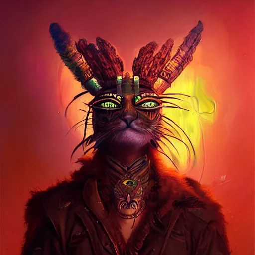 Image similar to portrait of a synthwave chieftain - cat with aztec - headdress and big glowing cyber eyes by peter mohrbacher and emmanuel shiu and martin johnson heade and bastien lecouffe - deharme, rim light photography