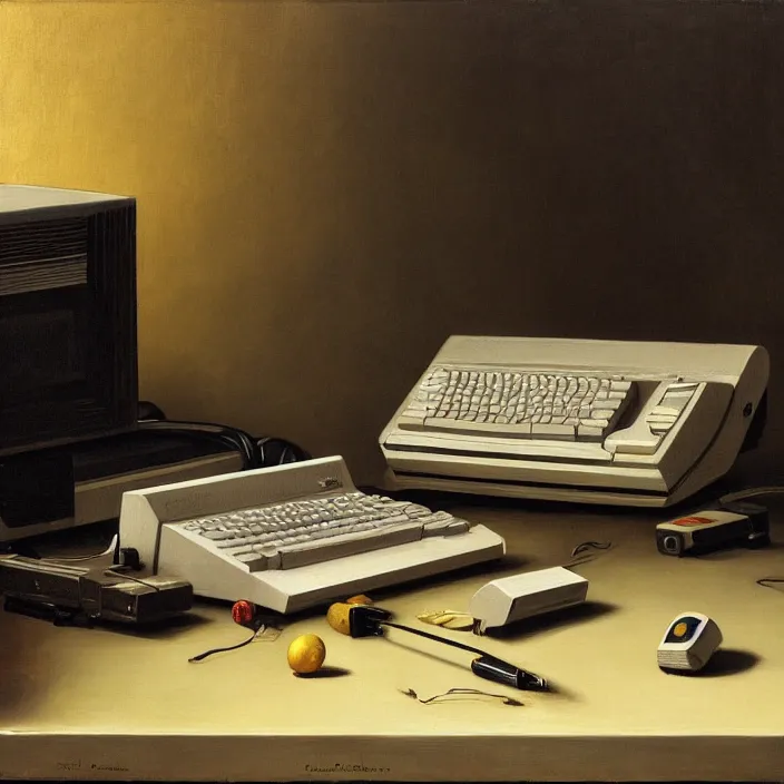 Image similar to still life painting of a retro monitor and a commodore 6 4 by pieter claesz, oil on canvas, strong lighting, highly detailed, hyper realism, golden hour, god rays, hd, 4 k