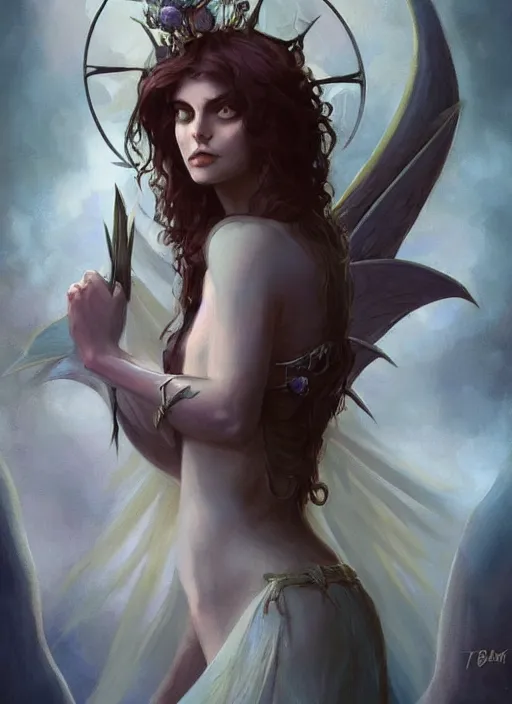 Image similar to tarot!!, fairy queen, fantasy medieval, no noise, elegant, concept art, sharp focus, beautiful face!!, digital art, smooth defined outlines!!, by Brom, trending on Artstation, Tom Bagshaw, Sargent