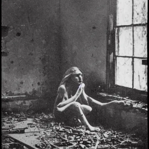 Image similar to 1860 photo of an ancient daemon-girl devouring his own soul on an abandoned hospital, spooky