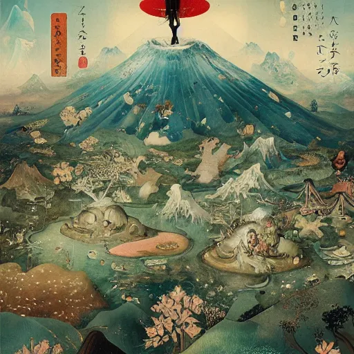 Prompt: Japanese Hills by Hieronymus Bosch and James Jean, Ross Tran, hypermaximalist, 8k, surreal oil painting, highly detailed, dream like, masterpiece