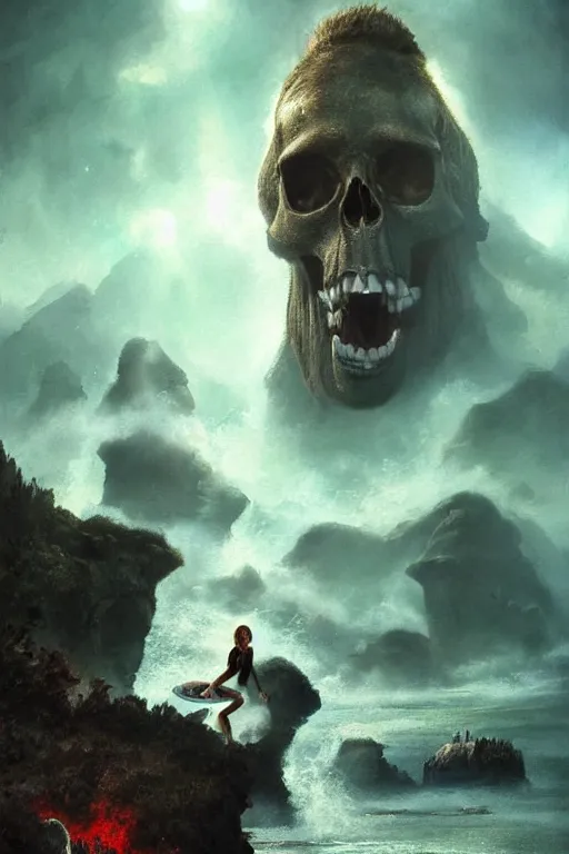 Image similar to movie poster, realistic photographed oil panting of skull island, suicidegirls surfing, dead bodies, ghosts, supernatural colors, beautiful, dappled silver lighting, epic, atmospheric, highly detailed, horrific, 8 k, art by art by artgerm and greg rutkowski and edgar maxence