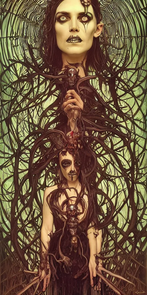 Image similar to intense glowing black metal pagan god with spider eyes and a skull in very dark forest by karol bak and josan gonzales and moebius and alphonse mucha, portrait, studio muti, malika favre, rhads, makoto