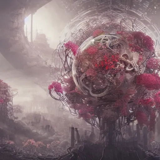 Image similar to intricate bio - mechanical human organs intertwined with bio - mechanical flowers, intricate environment, matte painting, cinematic, epic composition, highly detailed, atmospheric, wide angle, artstation trending