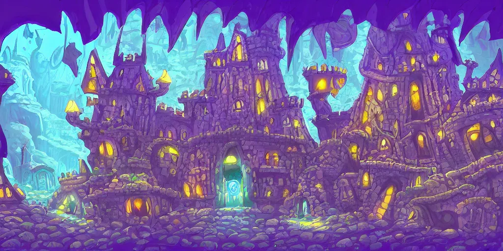 Prompt: a subterranean magic castle surrounded by a mote, underground catacombs castle, digital illustration, a house of many doors art flat colors, blue and purple color scheme, pixel trickery studios game artwork,