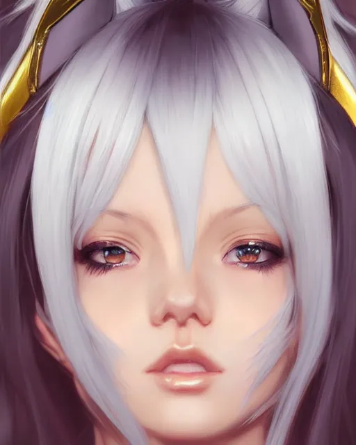 Prompt: a frontal portrait of a very beautiful anime girl pope with cat ears, white hair, gold skin, digital painting, art by wlop artgerm ilya kuvshinov, sharp focus, highly detailed