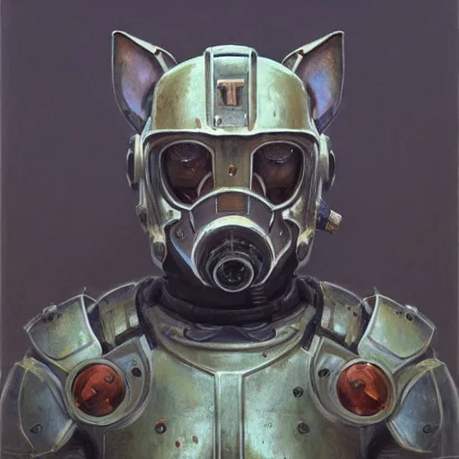 Image similar to t - 5 1 power armor, realistic anthropomorphic shiba inu, fantasy, t - 5 1 power armor glowing electric aura, by donato giancola and greg rutkowski and wayne barlow and zdzisław beksinski, realistic face, visible face, digital art, artstation, symmetry