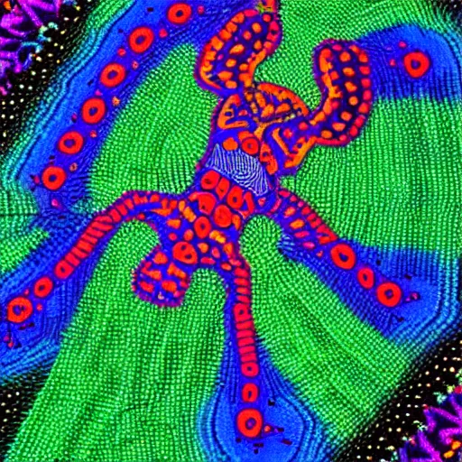 Prompt: trippy neon huichol art design of an axolotl