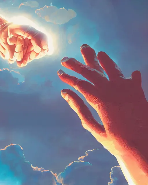 Image similar to a hand emerging from a portal in the sky, digital illustration by robbie trovino, detailed, gorgeous lighting, wide angle action dynamic portrait