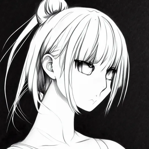 Image similar to anime girl portrait profile, black and white sketch, cellshaded, drawn in fine-tip pen, made by WLOP, trending on artstation