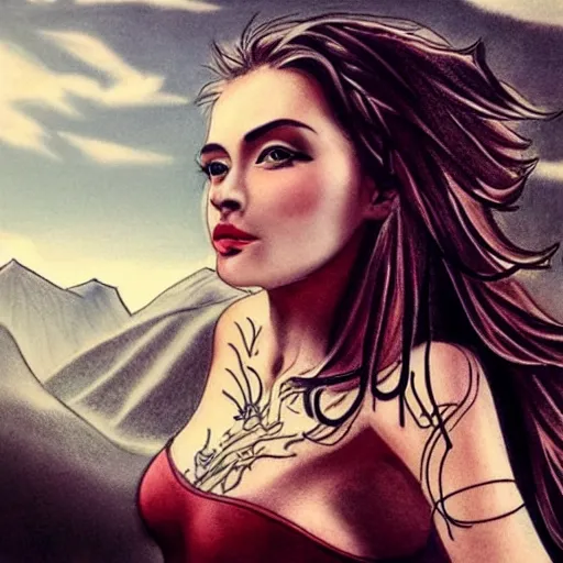 Image similar to tattoo design sketch of a beautiful girl next to a beautiful mountain scenery, hyper realistic