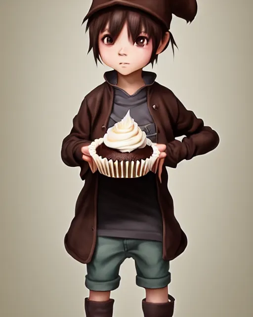 Prompt: a boy as personification of chocolate cupcake, cute fantasy hats, unreal engine, highly detailed, art by artgerm, tooth wu, studio ghibli, sharp focus, artstation, fractal biscuits, a fantasy bakery by studio ghibli, makoto shinkai, global illumination, sweets, dog