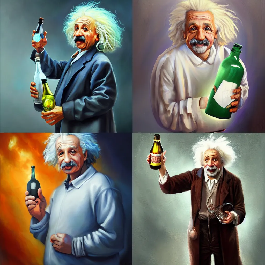 Prompt: a painting of einstein holding a bottle, an airbrush painting by slawomir maniak, cgsociety, fantasy art, 2 d game art, deviantart hd, behance hd