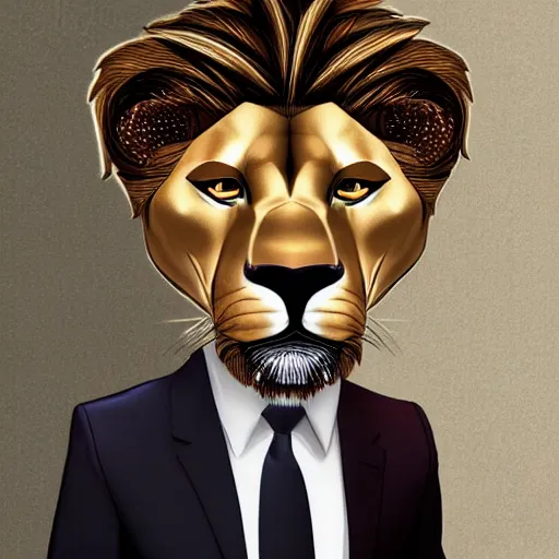 Prompt: a handsome anthropomorphic lion with short hair in an expensive suit, high quality digital art