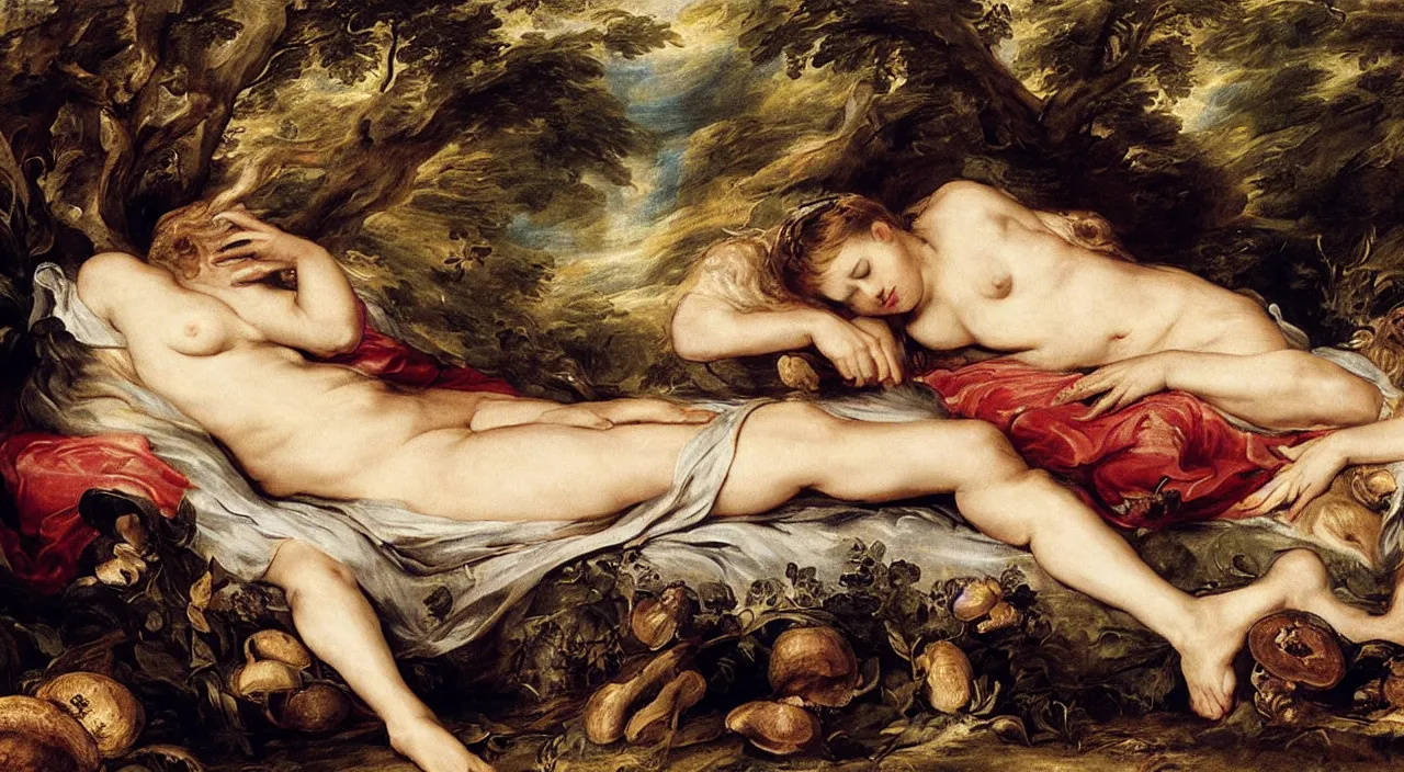 Prompt: pretty sleeping woman with mushrooms as camouflage, by rubens