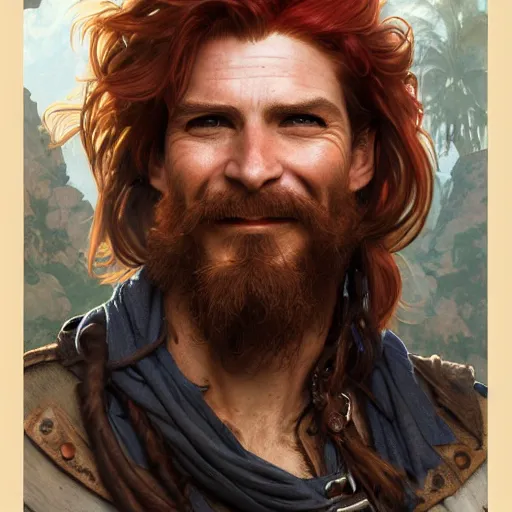 Image similar to portrait of a young ruggedly handsome but joyful pirate, male, masculine, upper body, red hair, long hair, d & d, fantasy, giddy smirk, intricate, elegant, highly detailed, digital painting, artstation, concept art, matte, sharp focus, illustration, art by artgerm and greg rutkowski and alphonse mucha