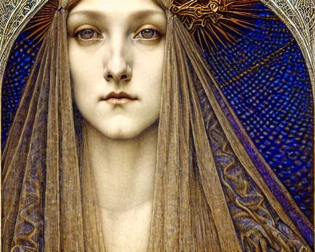 Image similar to detailed realistic beautiful young medieval queen face portrait by jean delville, gustave dore and marco mazzoni, art nouveau, symbolist, visionary, gothic, pre - raphaelite. horizontal symmetry