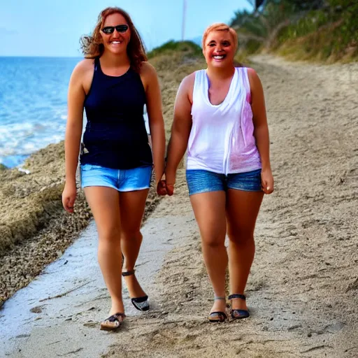 Prompt: two transgender lesbians smiling and having a good time together walking next to the beach