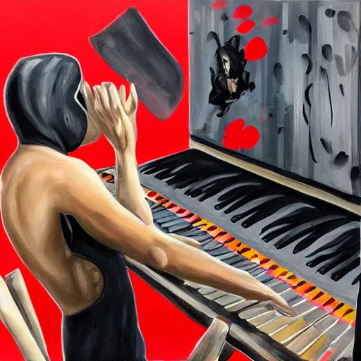 Image similar to beautiful painting of a ninja warrior playing a synthesizer in a music studio with red liquid coming out of the studio monitor speakers