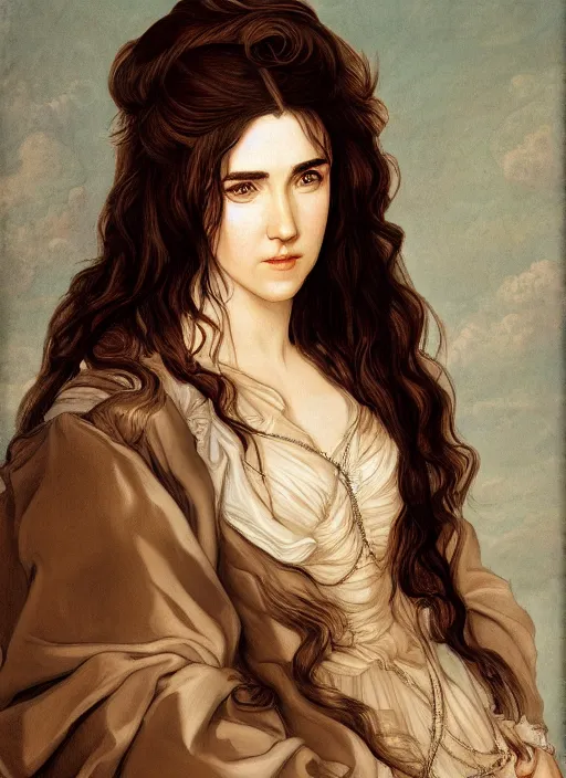 Image similar to portrait of Jennifer Connelly with long hair in baroque art, anime inspired, High Res 8K, hyperdetailed