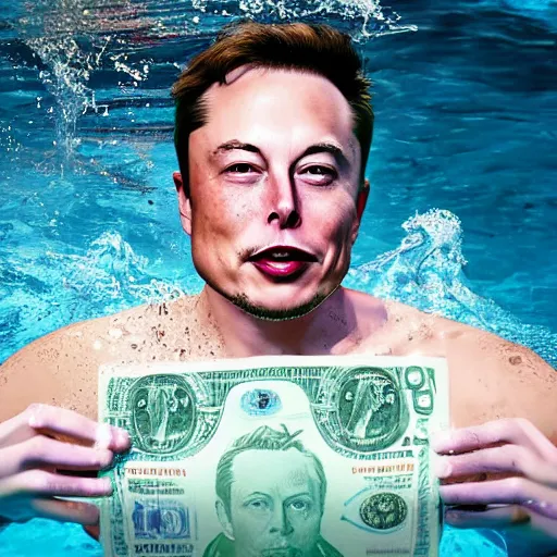 Image similar to Photography of elon musk swimming in a pool surrounded by dollar bills