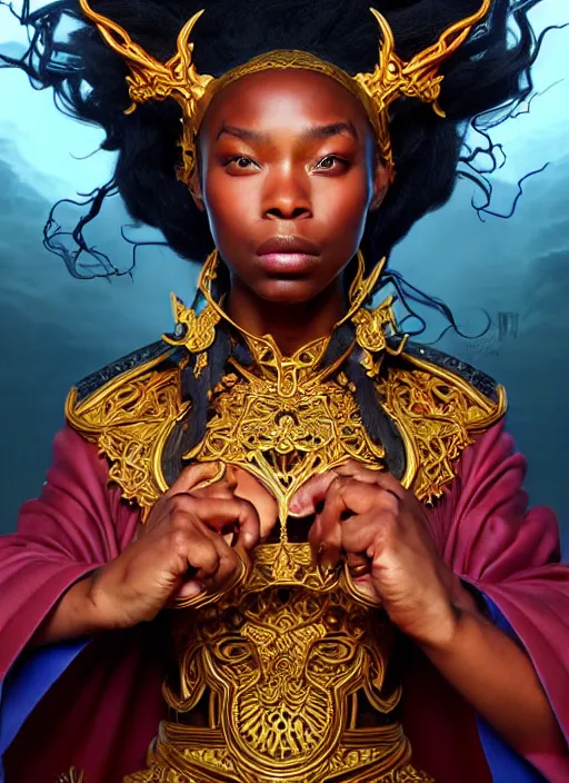 Image similar to : sango fantasy, fantasy magic, , intricate, sharp focus, illustration, highly detailed, digital painting, concept art, matte, Artgerm and Paul lewin and kehinde wiley, masterpiece