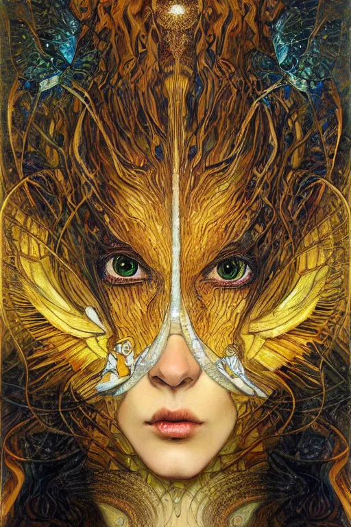 Image similar to Metamorphosis by Karol Bak, Jean Deville, Gustav Klimt, and Vincent Van Gogh, transformation portrait, chimera, visionary, cicada wings, otherworldly, fractal structures, ornate gilded medieval icon, third eye, chrysalis, spirals, horizontal symmetry