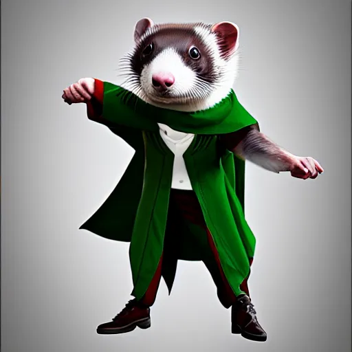 Image similar to a anthropomorphic ferret is dressed as a hogwarts student in slytherin robes, hyperdetailed, artstation, cgsociety, 8 k