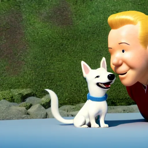 Image similar to tintin and his tiny white fox terrier, depicted as a pixar character, high quality cg render, 8 k