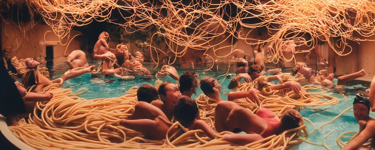 Image similar to a group of people swimming inside a giant bowl of spaghetti, suffocating, canon 5 0 mm, cinematic lighting, photography, retro, film, kodachrome