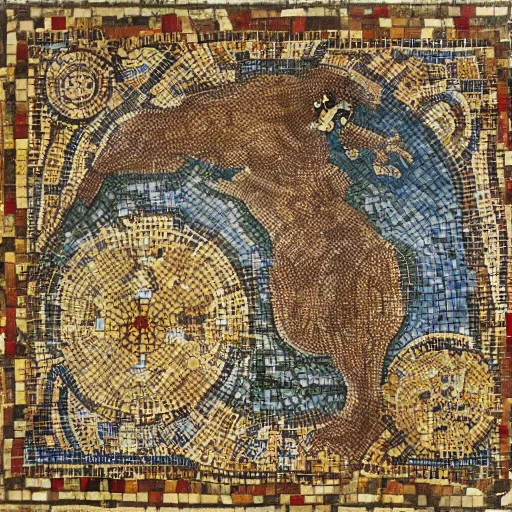 Image similar to medium shot Mosaic depicting D&D map, from Italica, AD 176-275. Archaeological Museum, Seville. Byzantine mosaics, highly detailed, HQ, HD, beautiful, National Geographic,