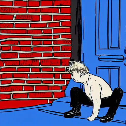 Prompt: Boris Johnson digital painting crying on the naughty step outside downing street 10 with a pool of tears under him, 8k, perfect lighting, high contrast, wide-angle, Nikon mirrorless, sad, brexit, flickr, WLOP