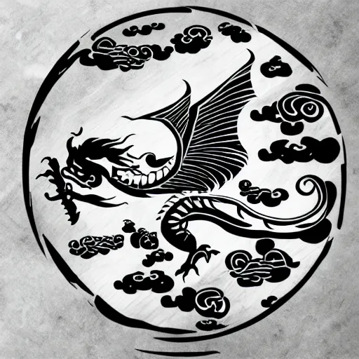 Image similar to a vinyl decal of a flying Chinese dragon, black ink shading on white background