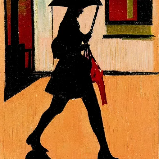 Prompt: evening city scene with central woman with umbrella. beautiful use of light and shadow to create a sense of depth and movement. uses energetic brushwork and a limited color palette, providing a distinctive look and expressive quality in a rhythmic composition