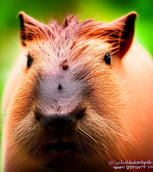 Image similar to award winning 5 5 mm close up portrait color photo of a capybara with pink slime oozing out of its nose, in a park by luis royo. soft light. sony a 7 r iv