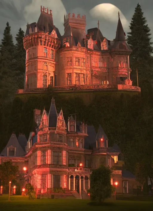 Prompt: victorian era castle on a dark cloudy night crowded by village of people with ominous red lightning 4 k ray tracing 3 0 mm