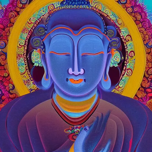 Prompt: peaceful buddhist art, tibetan buddhism example, psychedelic beautiful vision, trending, award-winning