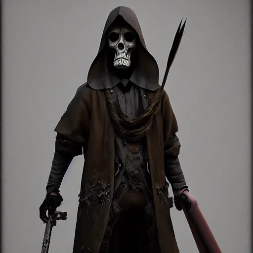 Prompt: decopunk grim reaper, character design, extreme detail, high quality digital art, render, octane, redshift, volumetric lighting, oled