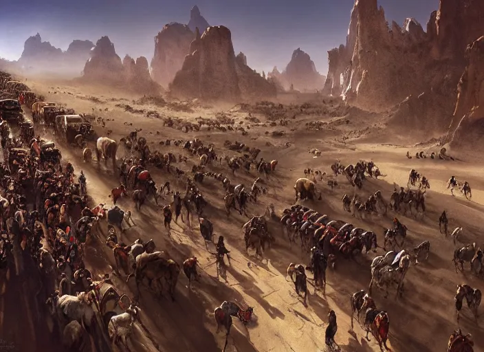 Image similar to overhead view of a the big large expedition with a very crowd of adventurers being brought by gigantic mammals carrying stuff towards the desert of duhnes medium shot, key art by craig mullins, bloom, dramatic lighting, cinematic, high details