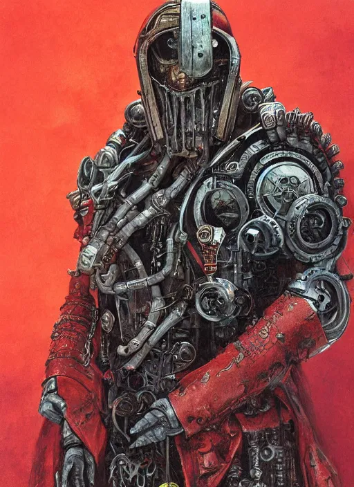 Image similar to portrait of rotten Nicolas Cage as adeptus mechanicus in red hood and robe from Warhammer 40000, mechanical tentacles. Highly detailed, artstation, illustration by and John Blanche and zdislav beksinski and wayne barlowe