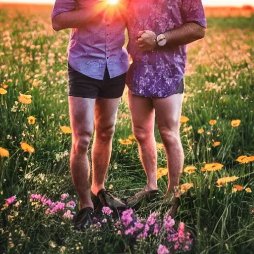 Image similar to a gay couple in their 30s together in a field of flowers at sunset, realistic, intricate, 4k