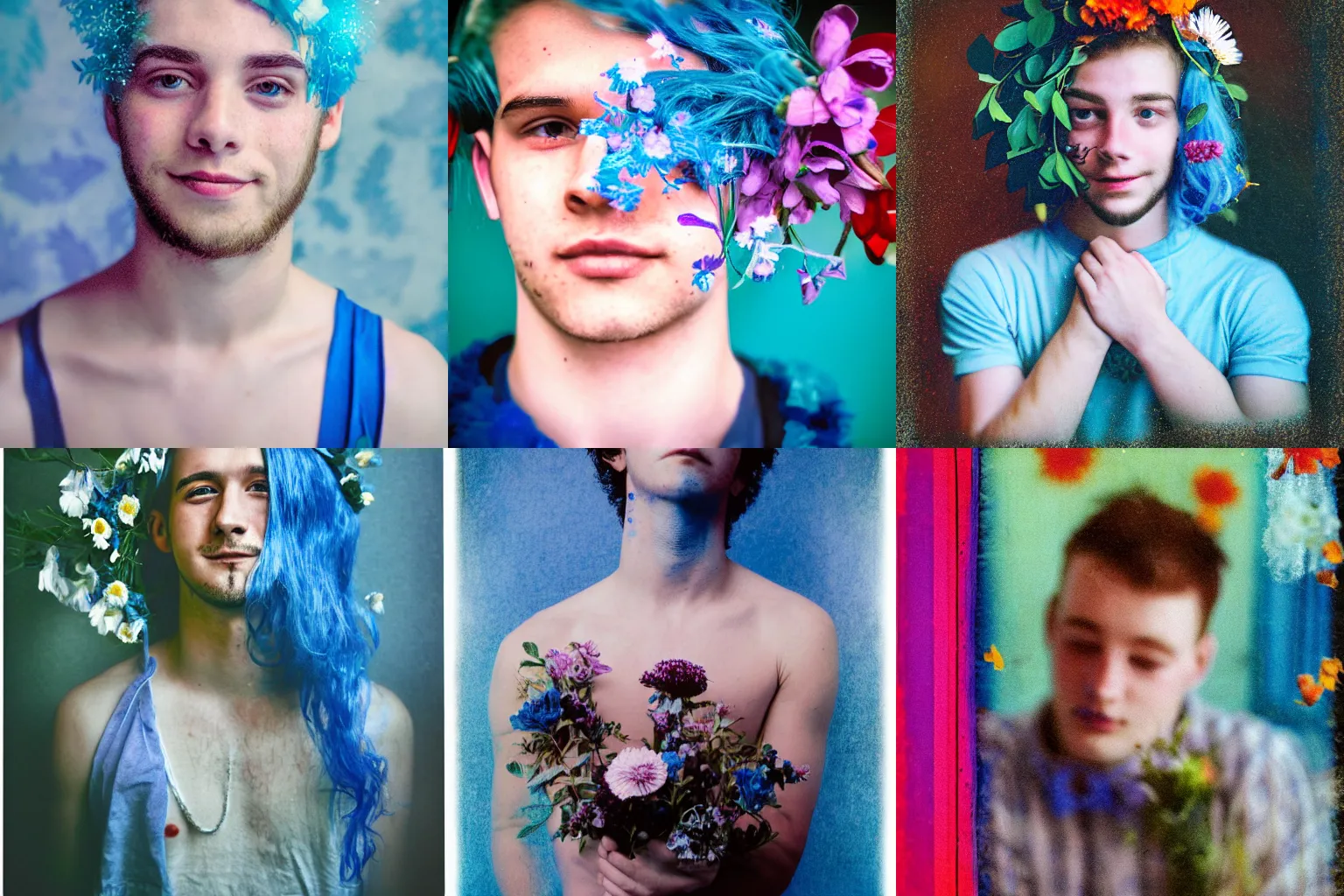 Prompt: portrait of a college student wearing flowers in his blue colored, glittering hair, he is smirking shyly into the camera for a cover of a gay print magazine, experimental analog photography, lomo, softfocus, inspired by henry scott tuke and carravagio