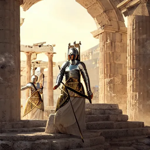 Image similar to An ultrdetailed illustration of a portrait of a female Knights of Zodiac, fighting at ancinet Agora of Athens, ruins, Golden Light, illustration, art by WLOP, greg rutkowski and Daeho Cha, volumetric light, lightrays, smoke, cinematic, intricate, hypermaximalist, super detailed