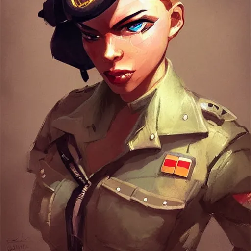 Image similar to portrait of beautiful girl with plump lips in team fortress 2 style, tragic, military art, concept art, fantasy, hd shot, digital portrait, beautiful, artstation, comic style, by artgerm, guy denning, jakub rozalski, magali villeneuve and charlie bowater