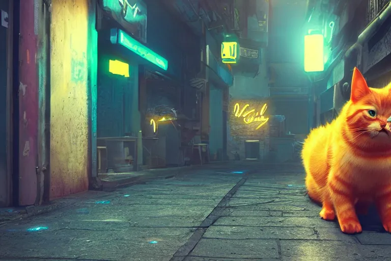 Image similar to ginger cat in the alley, neon lighting, rendered in unreal engine, trending on artstation, cyberpunk