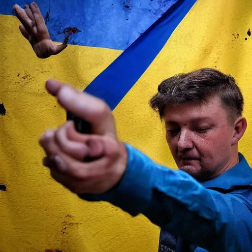 Prompt: a selfie of a ukrainian in yellow - blue rags against the backdrop of a nuclear explosion shoots himself in the head with a pistol in order to die a less painful death