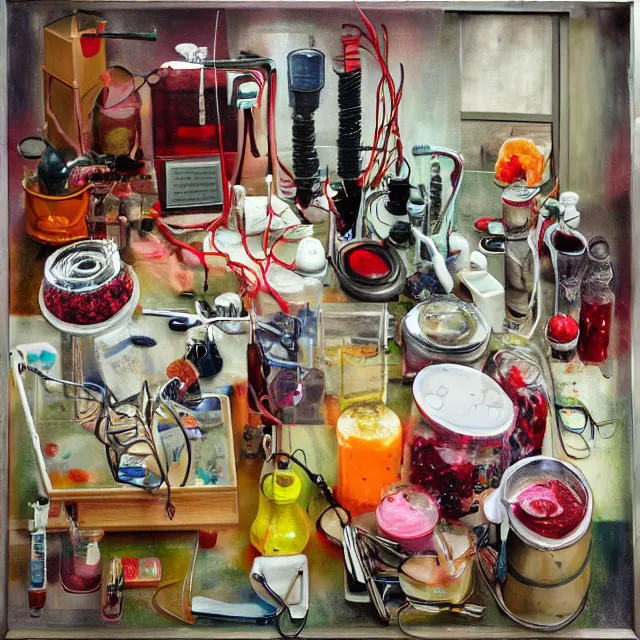 Prompt: self - portrait of a female art student, surgical equipment, berry juice drips, pancakes, berries, bones, defibrillator, electrical wires, battery, oxygen tank, scientific glassware, seedlings, bones, art supplies, candles dripping wax, neo - impressionist, surrealism, acrylic and spray paint and oilstick on canvas